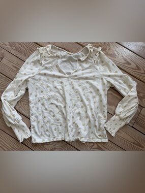 Boden Smocked Notch Neck Ivory Dainty Foil Floral Blouse size 8